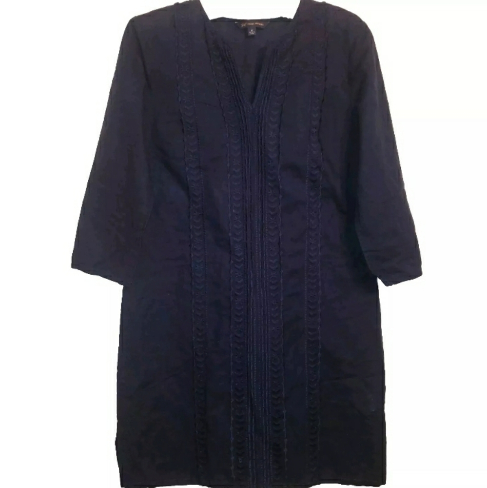 BROOKS BROTHERS Navy Beachy Linen Embroidered V Neck Shift Dress Tunic M